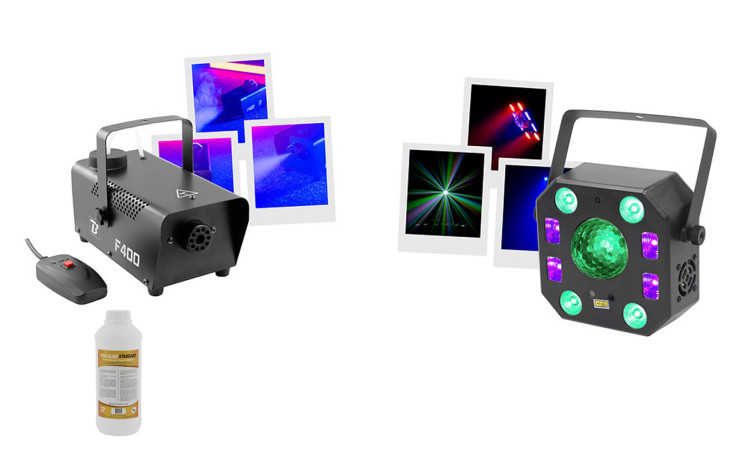Pack jeu de lumière 4en1 + machine à fumée LIGHT4